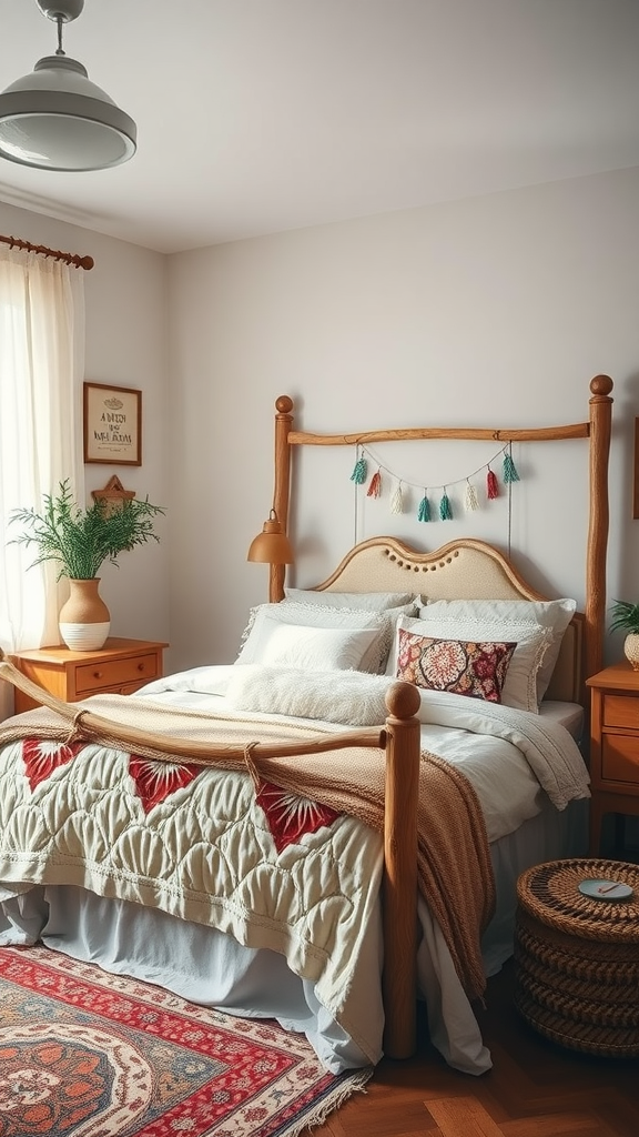 A cozy eclectic boho bedroom featuring a wooden bed frame, layered bedding, and warm decor elements.