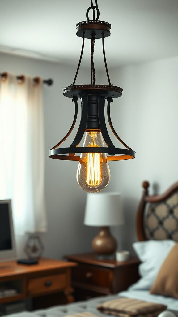 Vintage-inspired light fixture hanging in a dark earthy bedroom, providing warm illumination