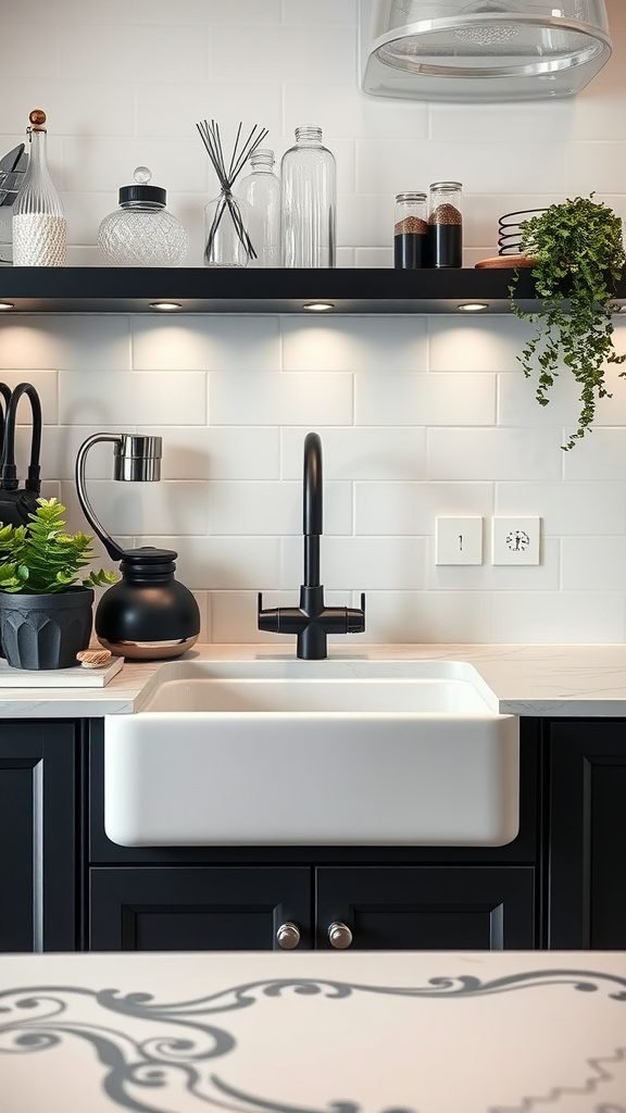 A white farmhouse sink with a black faucet in a modern kitchen setting, showcasing elegant decor.