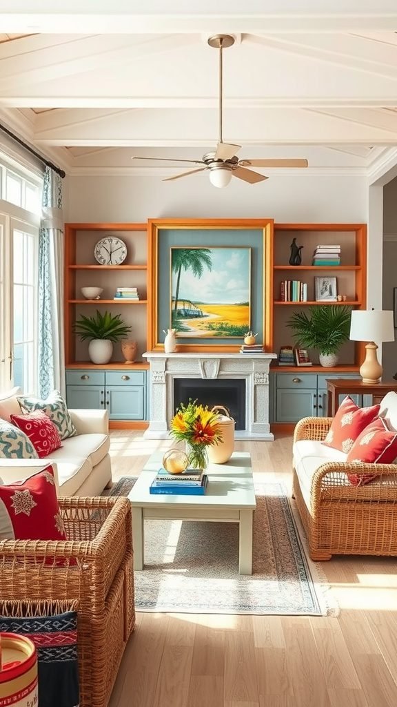 A bright coastal living room featuring white sofas, colorful pillows, a wooden coffee table with flowers, and decorative shelves.