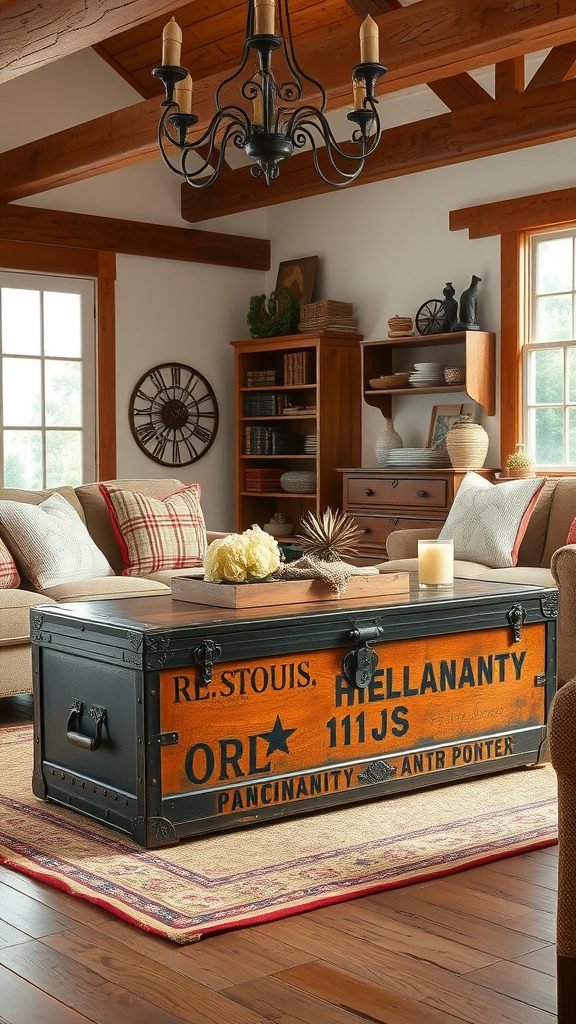 A vintage trunk used as a coffee table in a cozy farmhouse living room with wooden beams and soft furnishings.