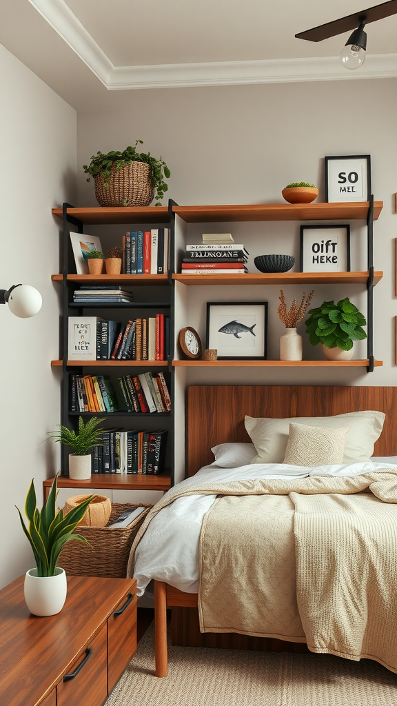 Eclectic Boho Bedroom with stylish shelving unit filled with books and decorative items