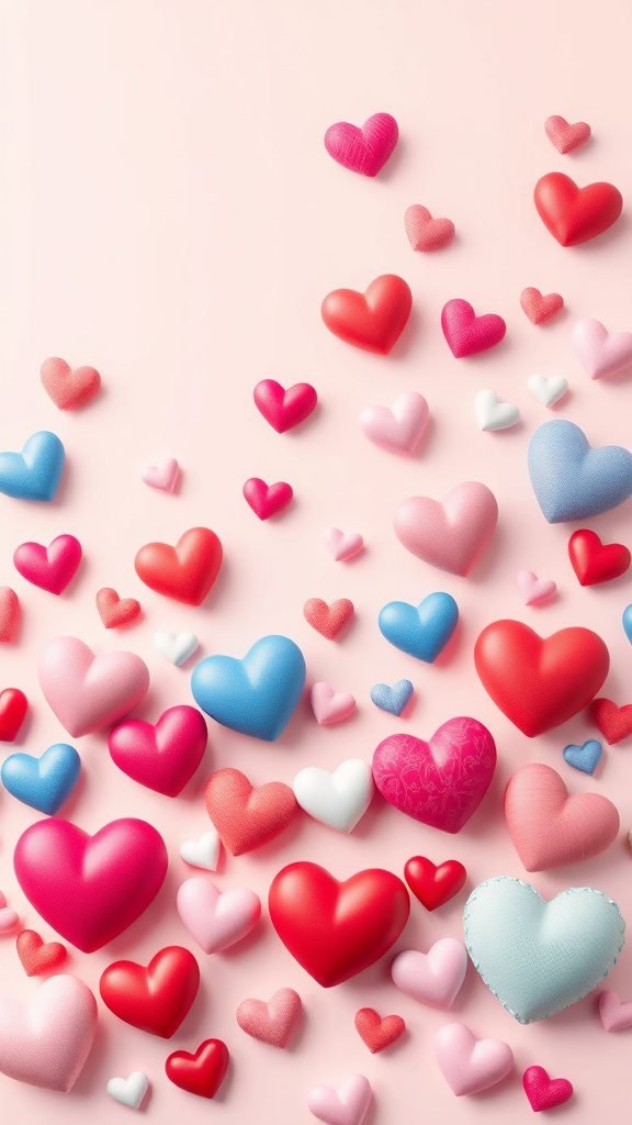 A colorful arrangement of heart shapes in shades of red, pink, and blue on a soft pink background.