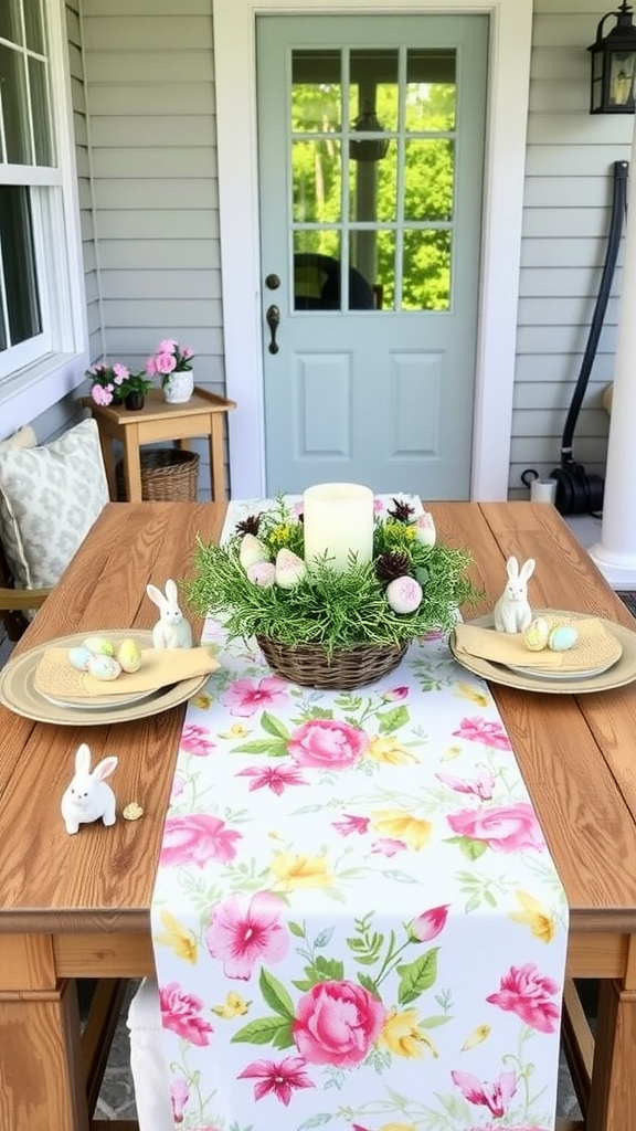 A decorated table with a floral table runner, bunnies, and Easter eggs for porch decor.
