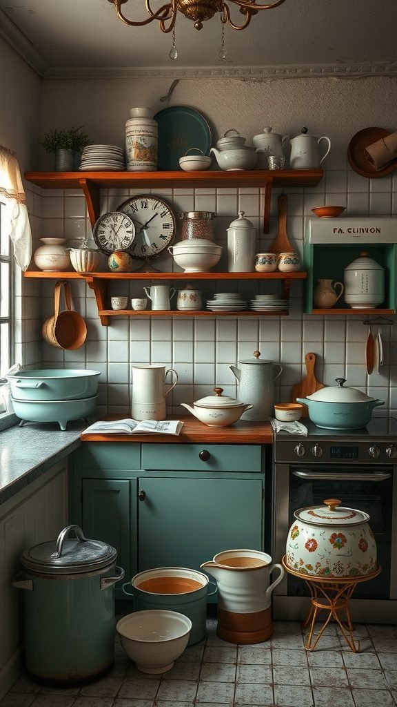 A cozy kitchen with vintage kitchenware including pots, dishes, and a clock on wooden shelves.