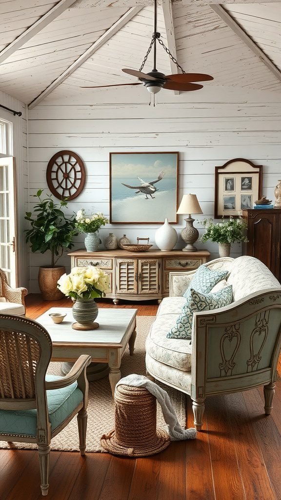 Cozy coastal living room with vintage furniture, shiplap walls, and natural decor.