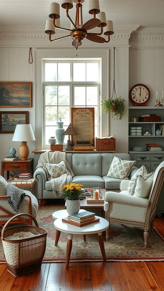 Cozy farmhouse living room with vintage decor, featuring a gray sofa, round coffee table, and natural light.