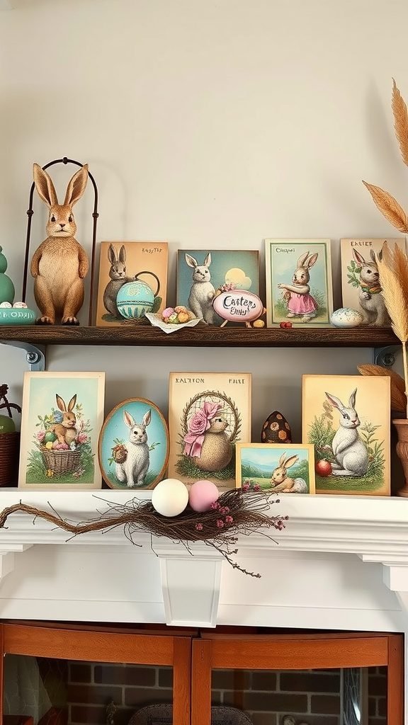 A beautifully arranged Easter mantle featuring vintage postcards with bunnies, decorative eggs, and a bunny figurine.
