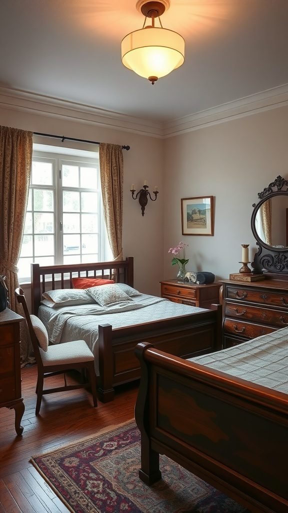 A vintage dark earthy bedroom featuring two wooden beds, a patterned rug, and soft lighting.
