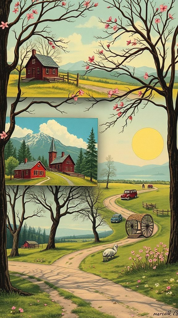 A vintage postcard design featuring red houses, blossoming trees, and a sunny landscape, representing March.
