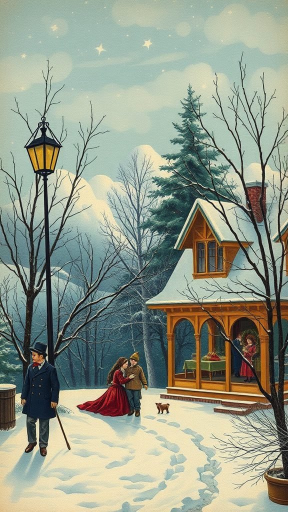 A vintage postcard scene depicting a snowy landscape with a couple, a cozy house, and a glowing streetlamp.