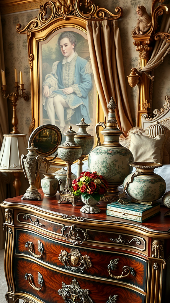 A vintage Rococo bedroom with a beautifully carved dresser, various decorative accessories including vases and a bouquet of flowers, and an elegant portrait in the background.