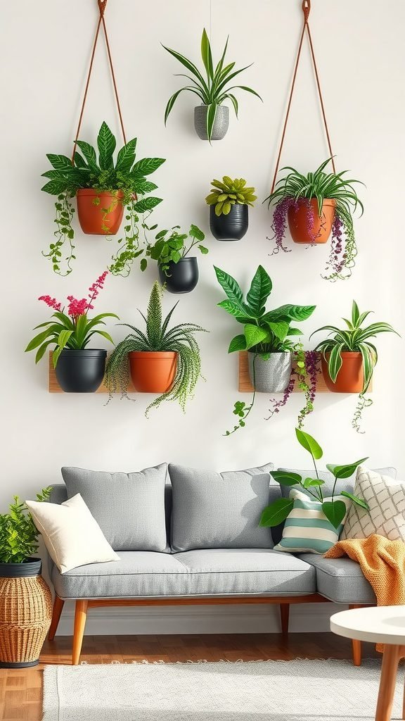 A cozy living room with wall-mounted plants, featuring various potted plants and a comfortable couch.
