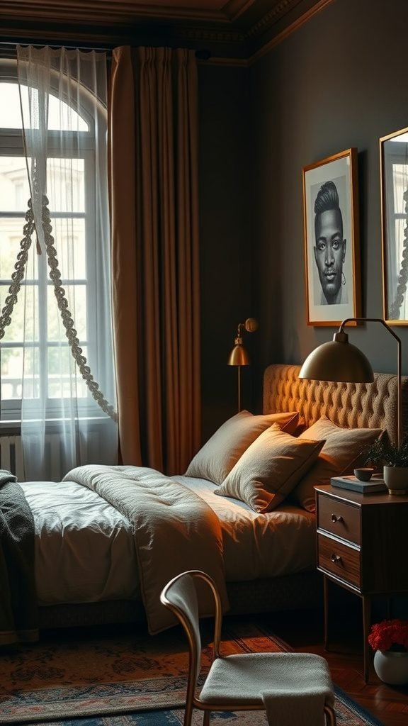 A dark earthy bedroom featuring warm metallic accents with soft textures and elegant decor.