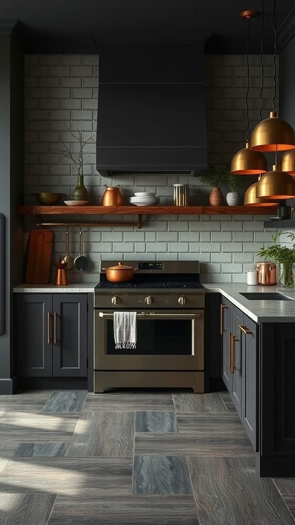 A stylish kitchen featuring dark cabinetry and warm metallic accents with copper pots and lighting.