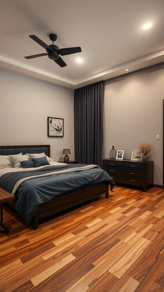 A dark earthy bedroom featuring warm wood flooring, a bed with gray bedding, dark curtains, and stylish decor.