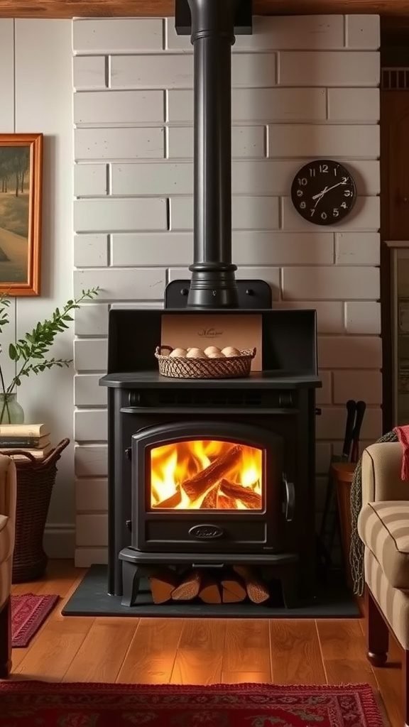 A cozy wood-burning stove in a farmhouse living room, surrounded by rustic decor