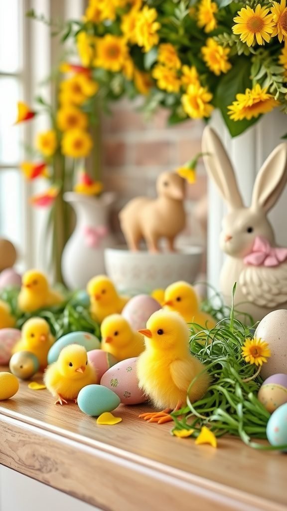 Colorful chicks and eggs on an Easter mantle with flowers