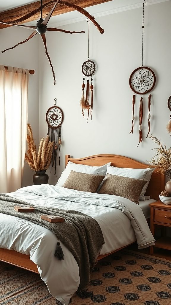 Cozy dark earthy bedroom with dream catchers and natural decor