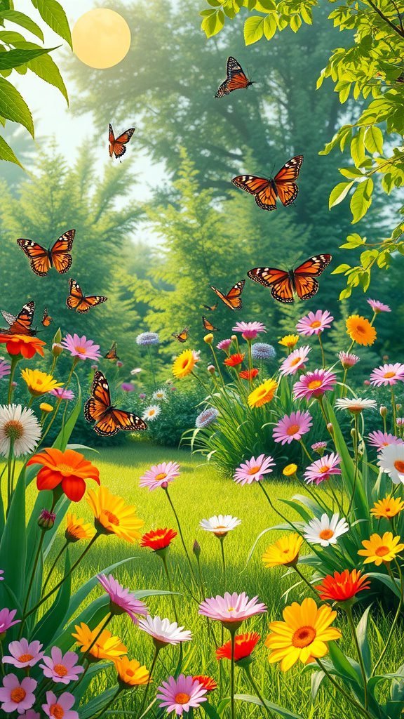 A vibrant garden scene with colorful flowers and butterflies under a sunny sky