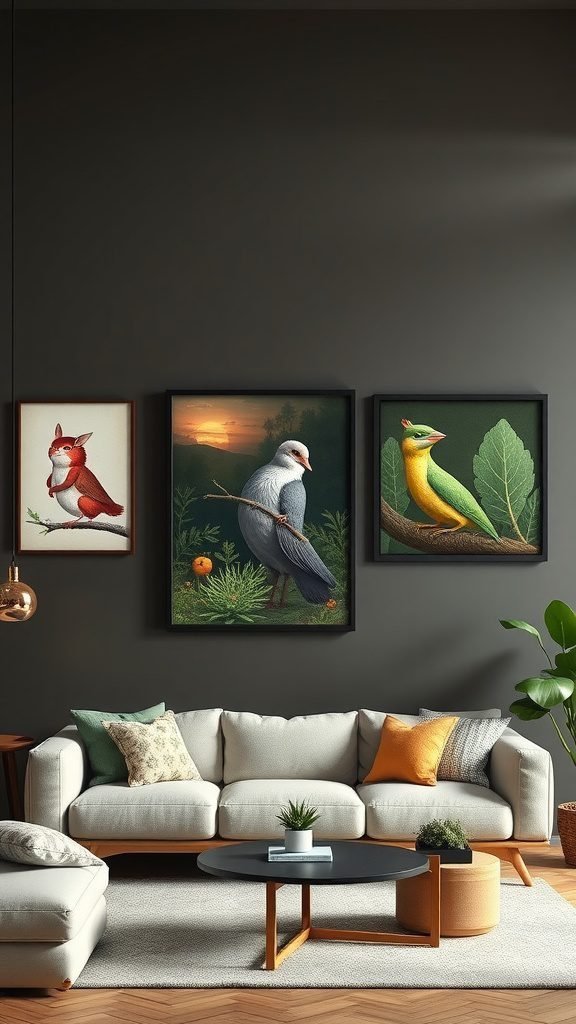 Whimsical wall art featuring birds and a fox in a cozy living room setting.
