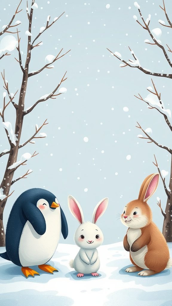 A whimsical scene of a penguin, a white bunny, and a brown rabbit in a snowy landscape.