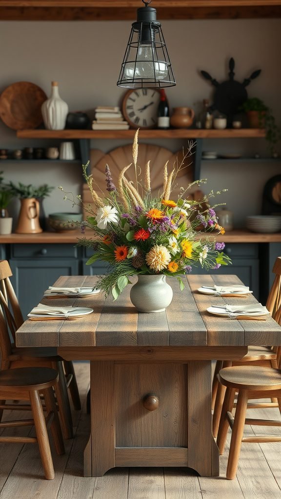 A wooden table set for a meal, featuring a large vase filled with colorful wildflowers as a centerpiece.