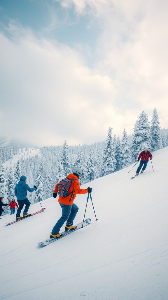 A group of skiers descending a snowy slope surrounded by evergreen trees.