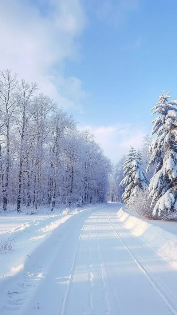 A winter scene with snow-covered trees and a clear blue sky along a snowy pathway.