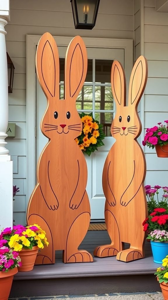 Two wooden bunny cutouts standing on a porch surrounded by flowers