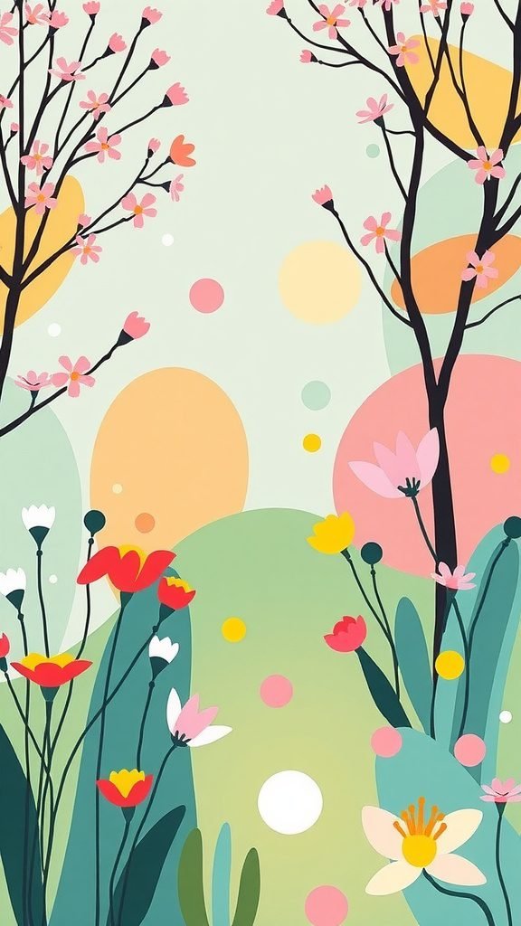 An abstract design featuring colorful flowers and soft shapes, symbolizing spring.