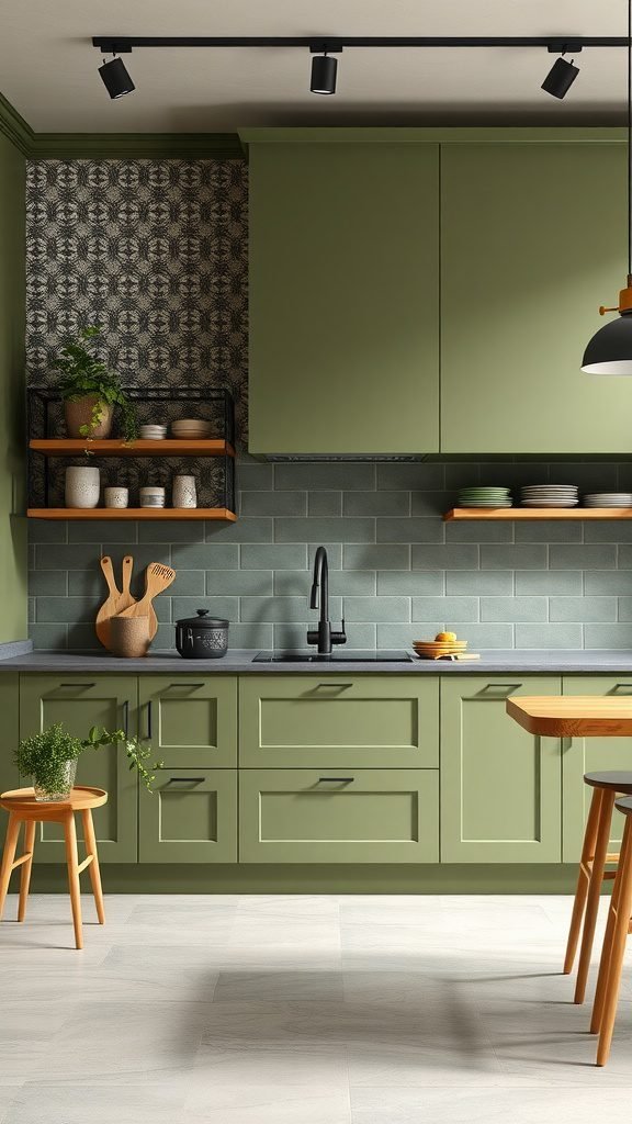 A modern kitchen featuring olive green cabinets and a patterned accent wall.