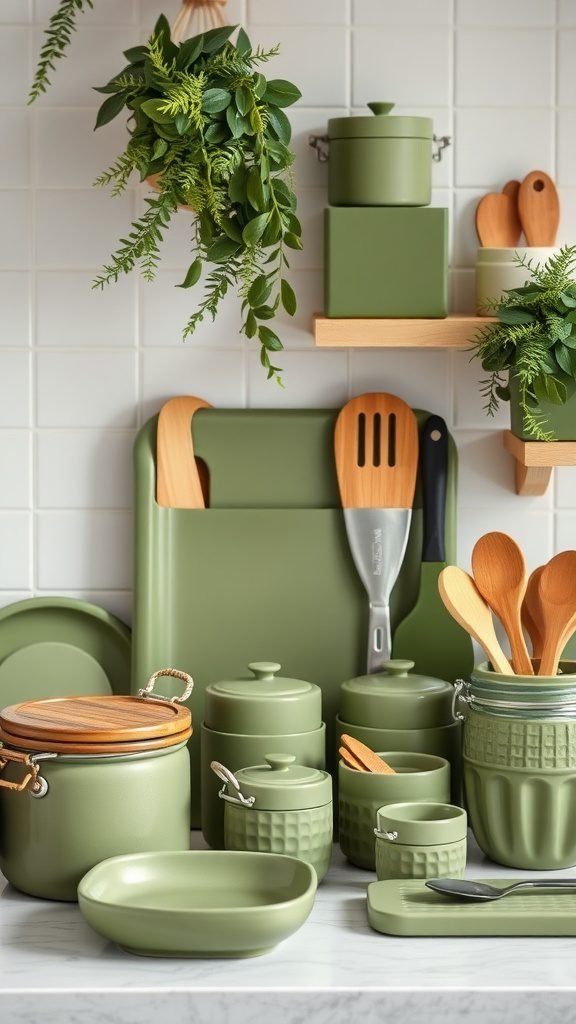 A collection of olive green kitchen accessories including pots, utensils, and plants.