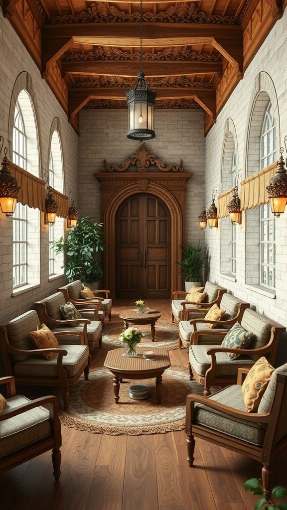Cozy seating area with wooden furniture, plush cushions, and plants in Therian style.
