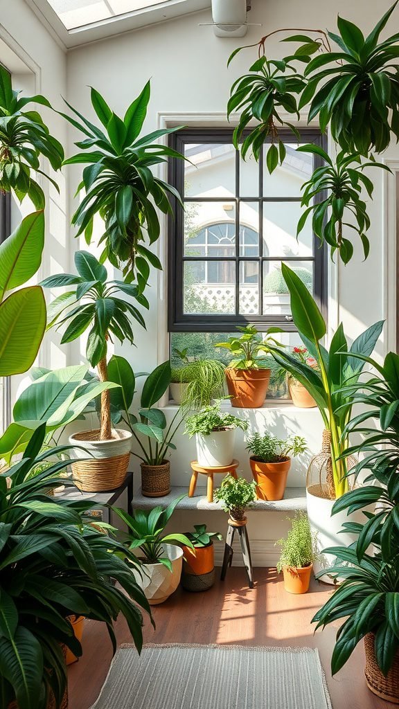Indoor plants arranged in a bright room with a window and a cozy rug.