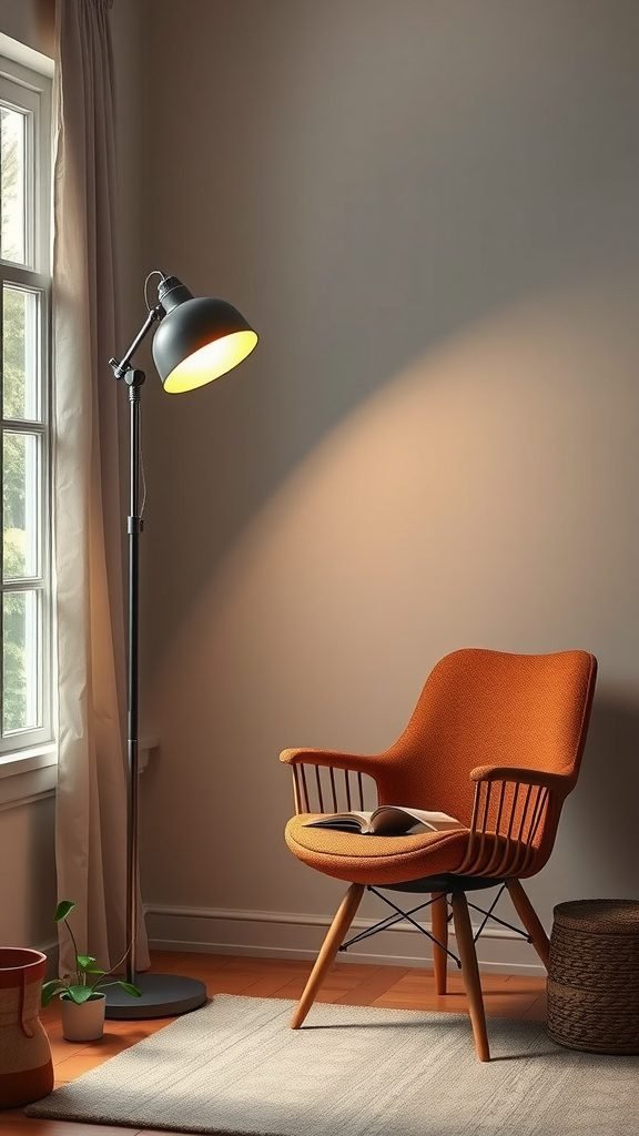 A cozy living room setup featuring an orange chair, a modern black floor lamp, and a small plant, creating a warm reading nook.