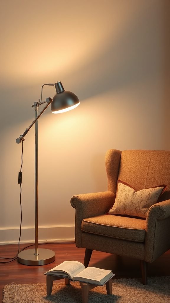 An adjustable reading floor lamp next to a cozy armchair with a book on a small table.