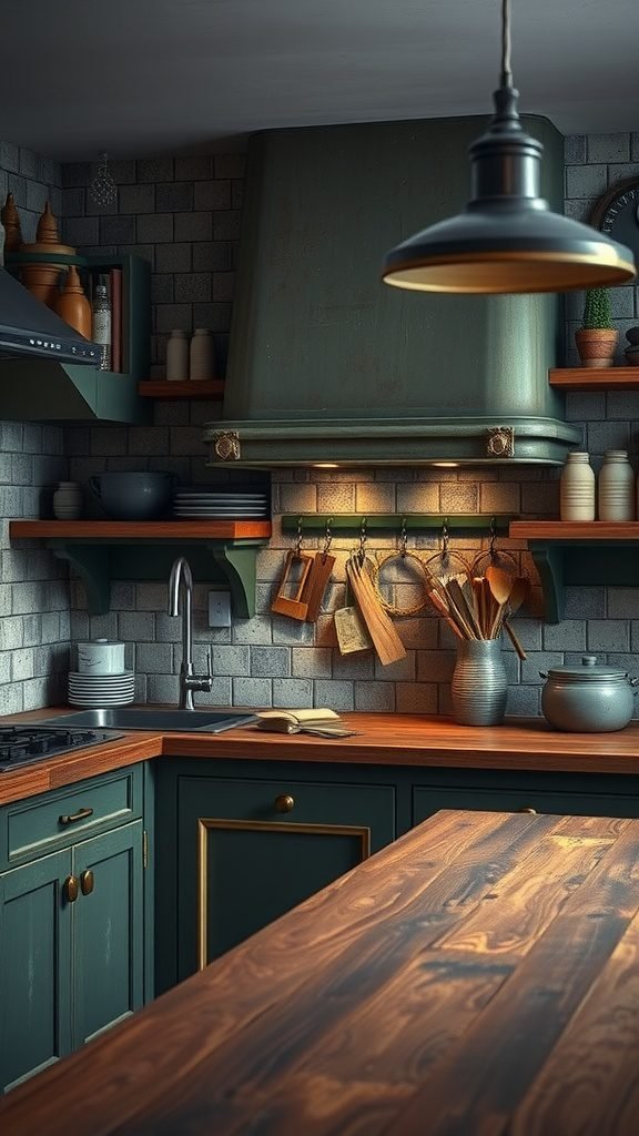 A cozy farmhouse kitchen with aged metal accents featuring a green range hood, wooden utensils, and open shelving with pottery.