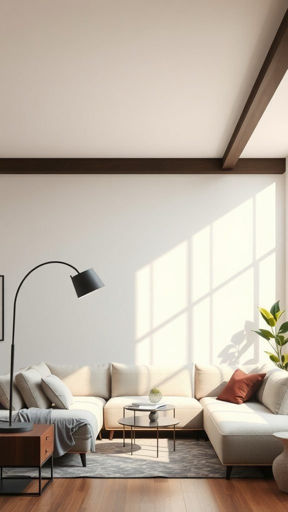 A stylish living room featuring an arc floor lamp next to a sectional sofa and coffee table