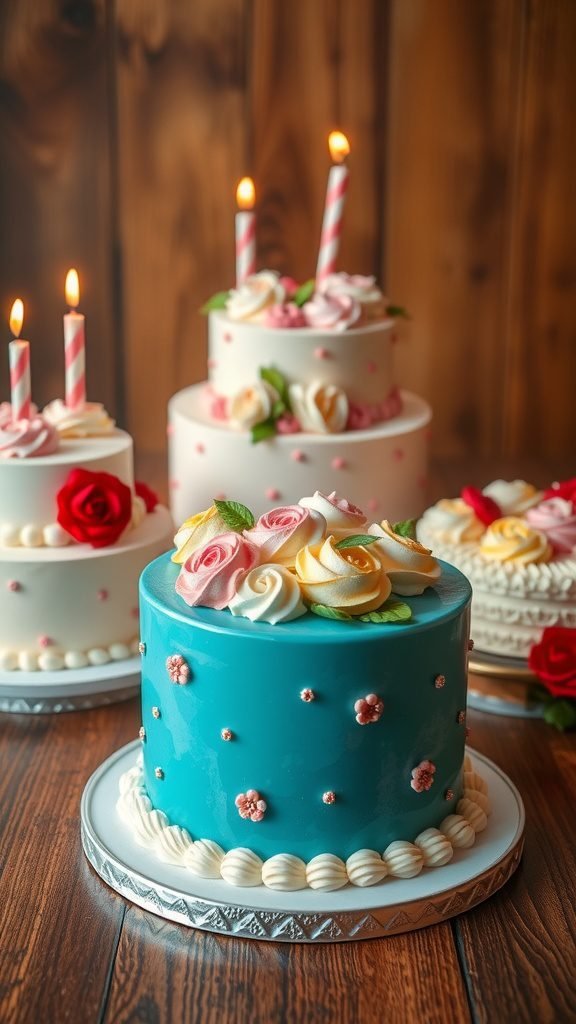 A collection of beautifully decorated cakes featuring a bright blue cake with roses and candles.