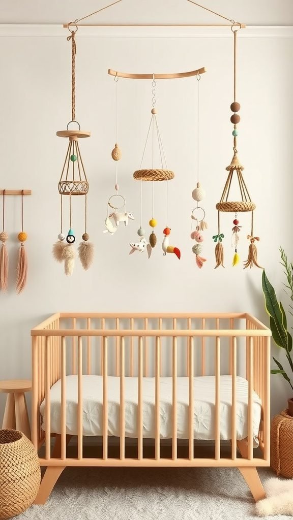 Artisan-made mobiles hanging above a crib in a boho baby room