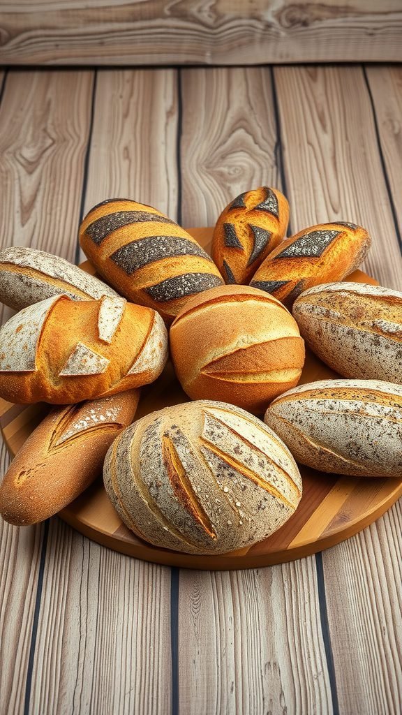 A collection of artisan breads arranged on a wooden platter.