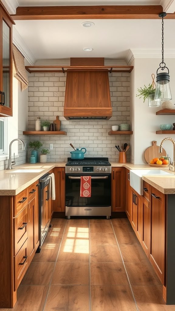 Cozy farmhouse kitchen with wooden cabinets, a tile backsplash, and modern appliances.
