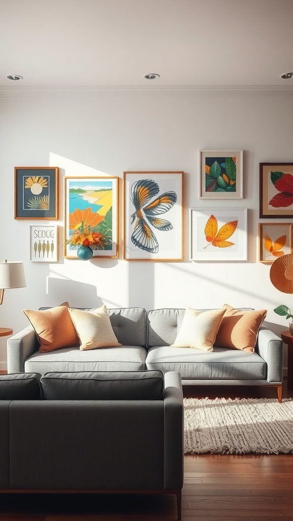 A stylish living room featuring a grey couch, colorful artwork on the walls, and warm throw pillows.