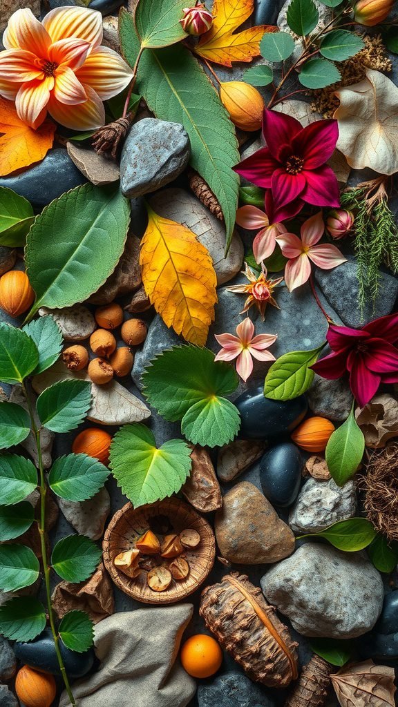 A colorful arrangement of flowers, leaves, and stones representing an artistic nature collage.