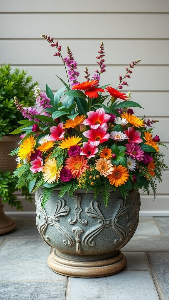 Colorful floral planter with reds, yellows, and oranges in an ornate pot