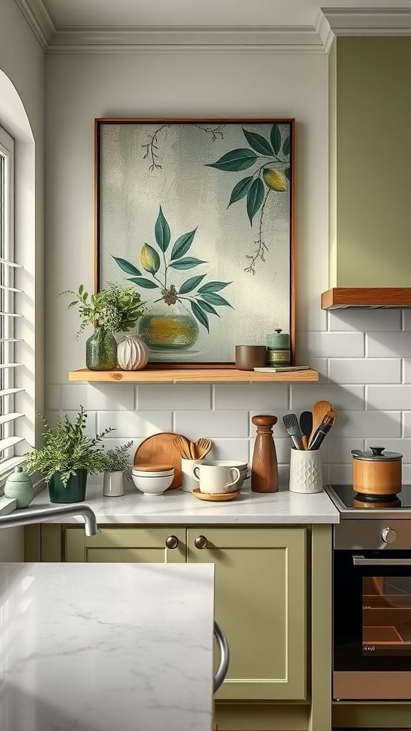 A cozy olive green kitchen with a framed painting and decorative items on the counter.