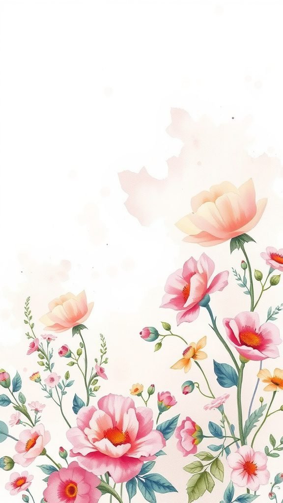 A beautiful watercolor floral arrangement with pink and peach flowers against a soft background, perfect for April wallpaper.