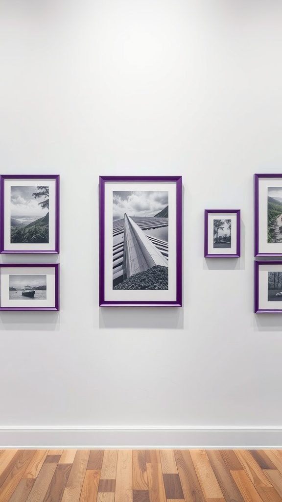 A modern wall display featuring black and white photographs in purple frames.