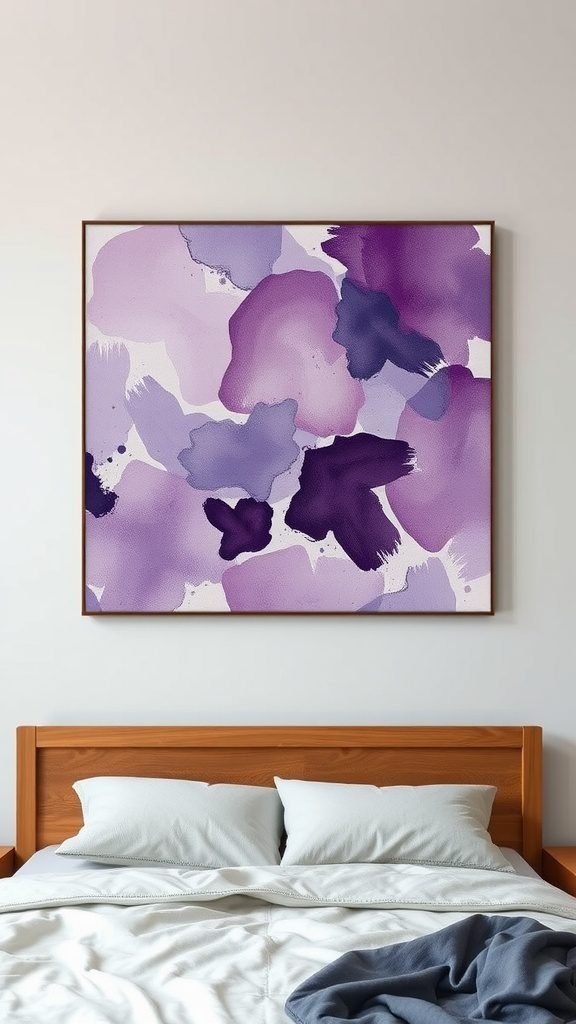 Abstract artwork in purple tones above a bed in a cozy bedroom setting.